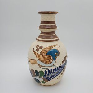 Tonala Mexico Pottery 9 1/4" Vase Bird With Fern Signed
